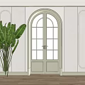 Arched Light Green Glass Pane Double Doors In Minimalist White Wall Interior With Green Plants