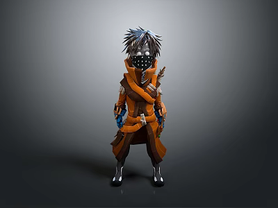 Man In Orange Robe With Silver Gray Hair Masked Face And Bandages Against Dark Background 3d model