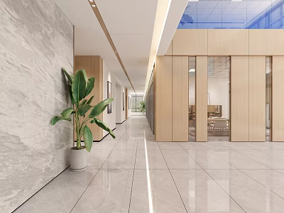 Spacious Bright Modern Elevator Lobby With Marble Walls Wooden Accents Polished Tile Flooring And Green Plant 3d model