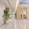Spacious Bright Modern Elevator Lobby With Marble Walls Wooden Accents Polished Tile Flooring And Green Plant