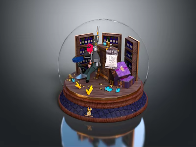 Decorative Snow Globe with Miniature Interior Scene Wooden Bookshelves Table and Daily Life Items 3d model