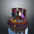 Decorative Snow Globe with Miniature Interior Scene Wooden Bookshelves Table and Daily Life Items