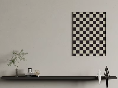 Black And White Checkered Wall Art With Shelf Plant Books And Tripod Decor 3d model