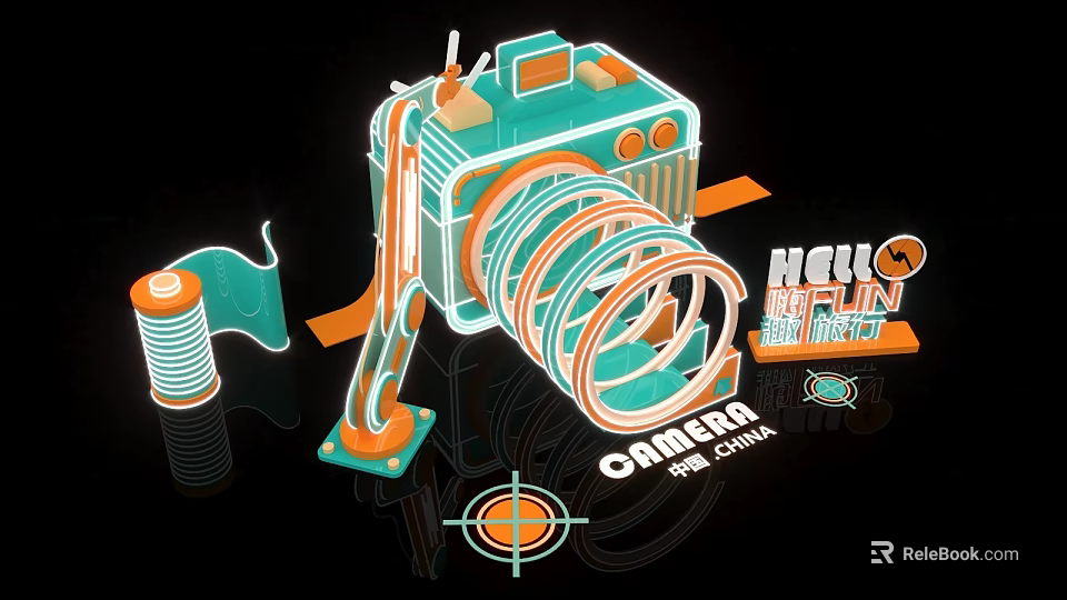 Neon Style Camera Art Installation With Target Design HELLO SHANGHAI Text And China Elements 3d model