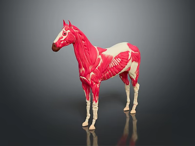 Detailed Horse Muscle Anatomy Model With Red Muscle Structure And White Skeleton 3d model