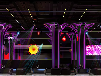 Modern Bar Interior With Neon Lights Purple Pillars Laser Beams Seating Area And Digital Screen 3d model