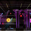 Modern Bar Interior With Neon Lights Purple Pillars Laser Beams Seating Area And Digital Screen