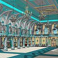 Ancient Architectural Hall Interior With Ornate Chandeliers Arched Windows And Colorful Ceiling