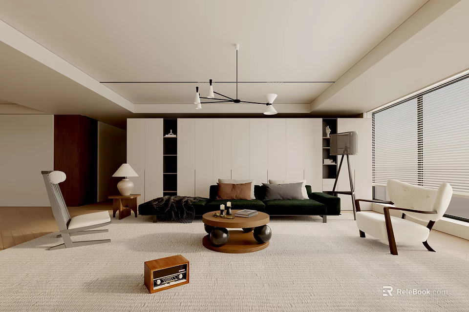 Modern Minimalist Living Room With Dark Green Sofa Wooden Coffee Table And White Chair 3d model 