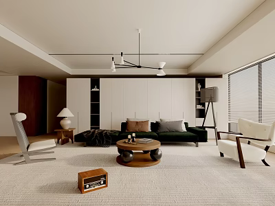 Modern Minimalist Living Room With Dark Green Sofa Wooden Coffee Table And White Chair 3d model