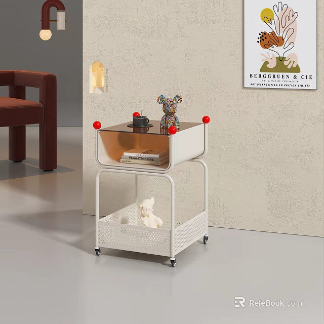 Modern White Frame Side Table with Transparent Top Wheels and Lower Storage Shelf 3d model
