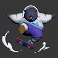 Blue Reptile In White Hoodie Riding Skateboard With Purple Pants Blue Patterns And Snowflake Effects