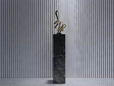 Decorative Ornament Set With Golden Sculpture On Black Marble Pedestal Against Gray Striped Wall 3d model