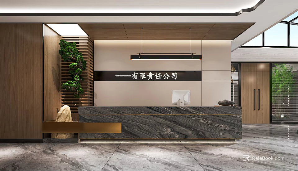 Modern Elegant Reception Desk With Marble Countertop Green Plants And Company Name Sign 3d model 