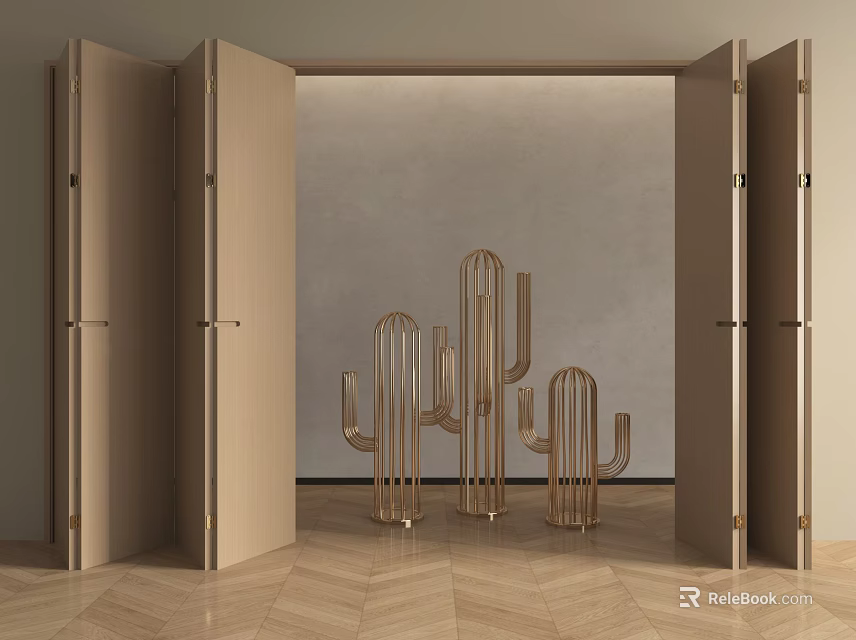 Open Beige Folding Doors In Modern Interior With Wooden Floor And Metal Cactus Decorations 3d model 