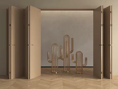 Open Beige Folding Doors In Modern Interior With Wooden Floor And Metal Cactus Decorations 3d model