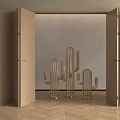 Open Beige Folding Doors In Modern Interior With Wooden Floor And Metal Cactus Decorations