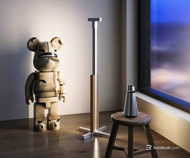 Modern Floor Lamp By Window With Wooden Bear Figure Small Stool And Night View 3d model 