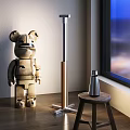Modern Floor Lamp By Window With Wooden Bear Figure Small Stool And Night View