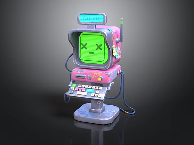 Retro Robot With Green Screen Smiley Face ERROR Display Pink Blue Body Control Panel Wires 3d model