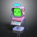 Retro Robot With Green Screen Smiley Face ERROR Display Pink Blue Body Control Panel Wires