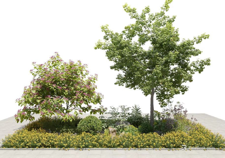 Beautiful Garden Landscape With Pink Flowering Tree Green Leafy Tree Shrubs And Yellow Flowers 3d model 