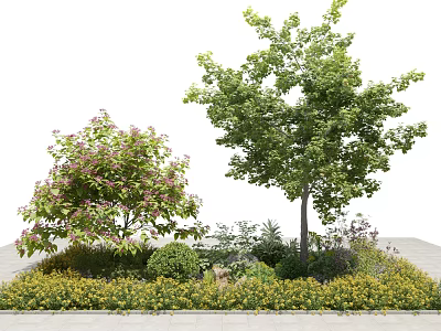 Beautiful Garden Landscape With Pink Flowering Tree Green Leafy Tree Shrubs And Yellow Flowers 3d model