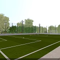 Football Field With Green Artificial Turf White Markings Goalpost And Trees Around Fence