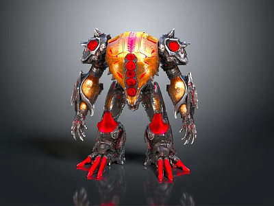 Mechanical Creature Character Featuring Red Gold Armor Spikes And Sharp Claws 3d model
