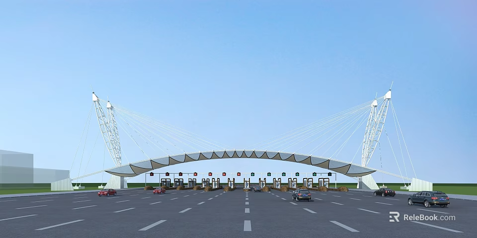 Tensile Membrane Roof Structure for Modern Toll Plaza with Support Systems Multiple Lanes and Vehicles 3d model 