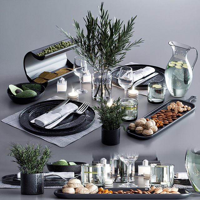 Elegant Dinnerware Set with Black Plates Greenery Glassware Pitcher Almonds and Candles 3d model 