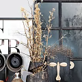 Modern Decorative Ornament Set With Dried Flowers Metal Vase And Geometric Accents
