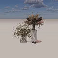 Transparent Glass Vase With Dried Pampas Grass Purple Brown Flowers And Green Foliage