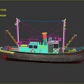 Vintage Model Ship With Green And Brown Hull Deck With Railings Red Life Rings Chimney