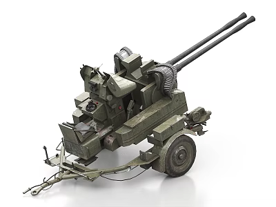 Vintage Military Towed Dual Barrel Weapon With Gun Carriage And Wheels 3d model