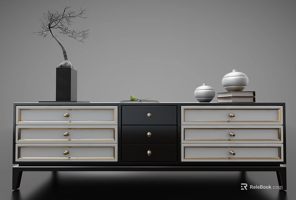 Modern Black And White TV Stand With Drawers Dried Tree Branch White Jars And Books 3d model 