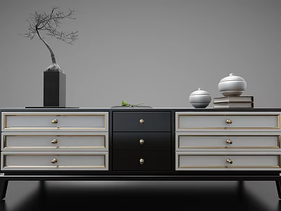 Modern Black And White TV Stand With Drawers Dried Tree Branch White Jars And Books 3d model