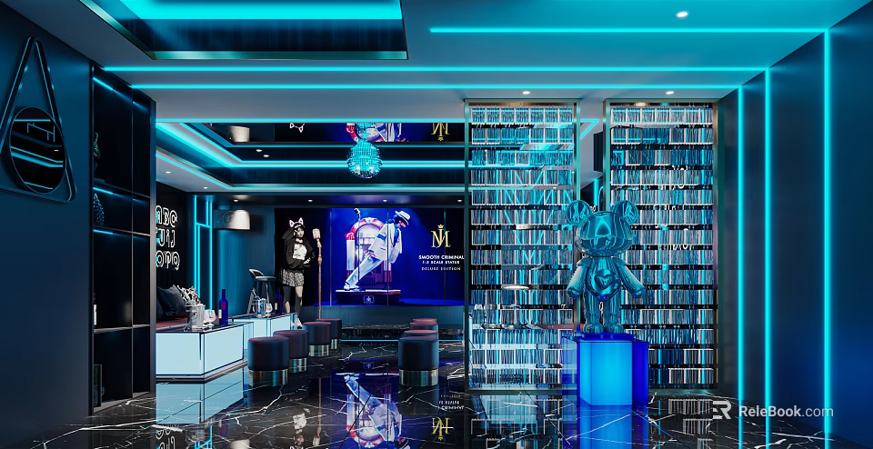 Modern KTV Interior Design With Colorful Lighting Comfortable Seats And Decorative Shelves 3d model 