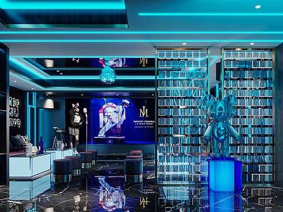 Modern KTV Interior Design With Colorful Lighting Comfortable Seats And Decorative Shelves 3d model