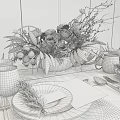 Elegant Tableware Set with Copper Mugs Black Plates Rosemary and Floral Arrangement on Wooden Table