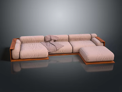Modern L Shaped Sofa With Wooden Armrests Beige Fabric Cushions And Ottoman 3d model