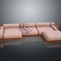 Modern L Shaped Sofa With Wooden Armrests Beige Fabric Cushions And Ottoman