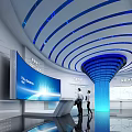Modern Exhibition Space with White Geometric Walls Display Stand Screens Globe and Blue Lighting