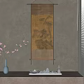Traditional Chinese Scroll Painting With Landscape Bamboo And Vase Flowers On Gray Wall