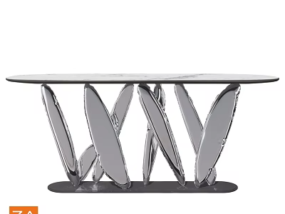 Modern Dining Table With Glass Top And Leaf Shaped Metal Legs Design 3d model