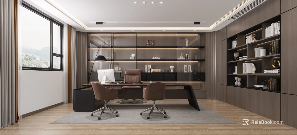 Modern Office Interior With Large Desk Computer Two Chairs Built In Bookshelves And Recessed Lighting 3d model 