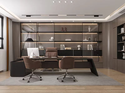 Modern Office Interior With Large Desk Computer Two Chairs Built In Bookshelves And Recessed Lighting 3d model
