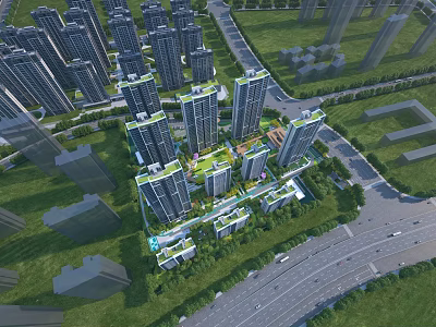 Aerial Planning of Modern Residential Area With High Rise Buildings Green Spaces and Road Networks 3d model