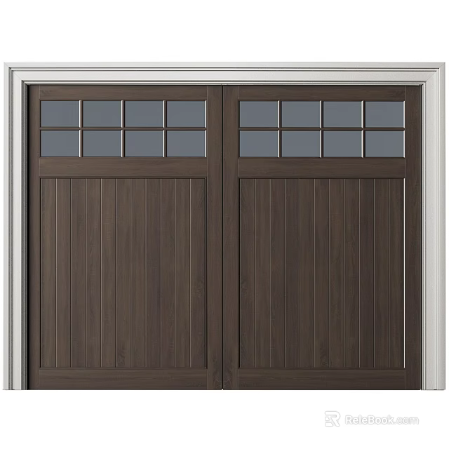 Double Wooden Garage Door With Glass Panels And White Frame Design 3d model 