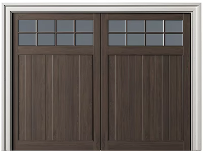Double Wooden Garage Door With Glass Panels And White Frame Design 3d model
